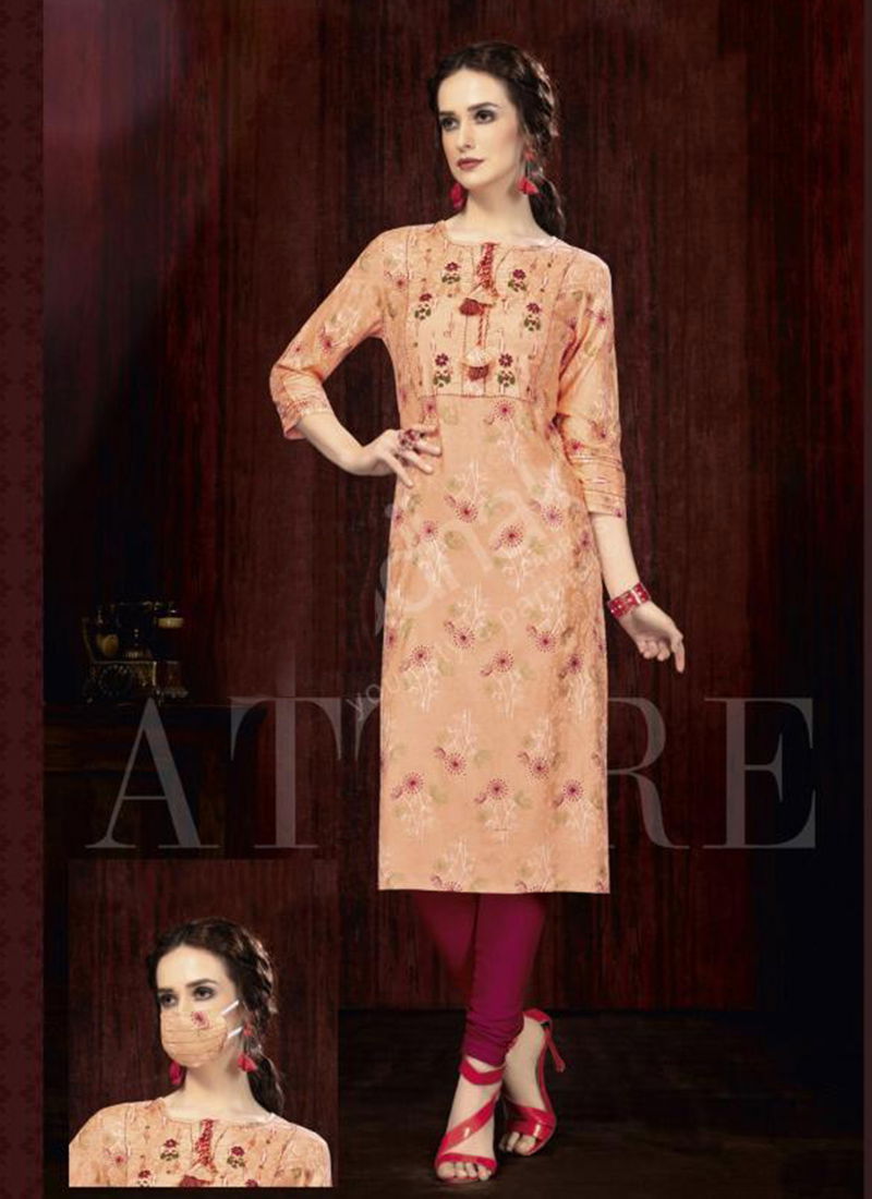 Rukmee Vol 14 Cotton Rayon Embroidered Printed Party Wear Kurti Collection 1450-1459